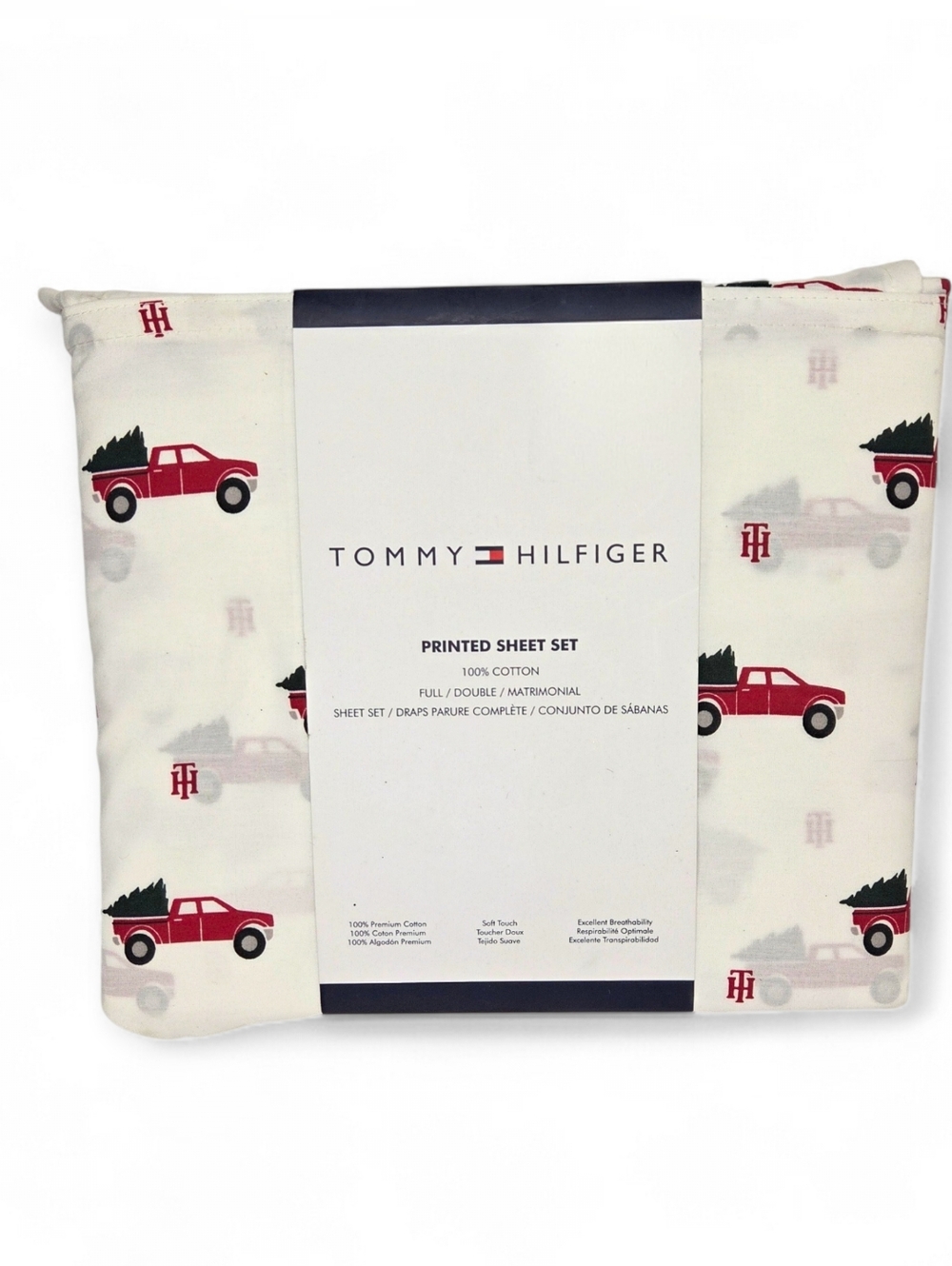 Tommy Hilfiger Christmas Sheet Set Full Size Cotton Red Truck Christmas Tree